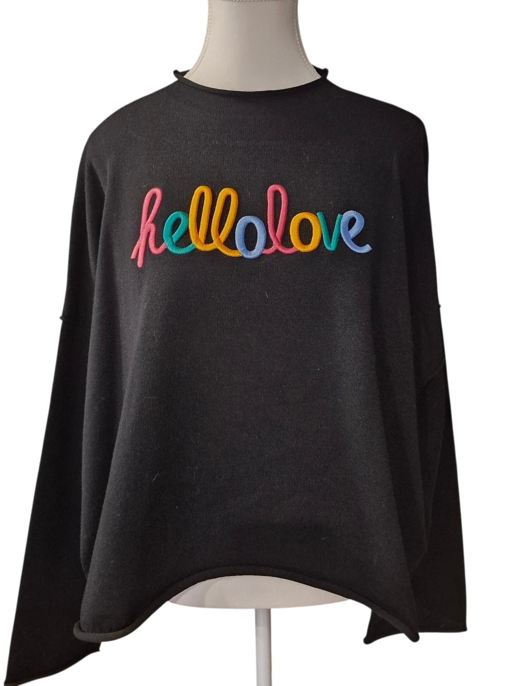 First Love Black Crewneck Sweater with Multicolor "hellolove" Applique